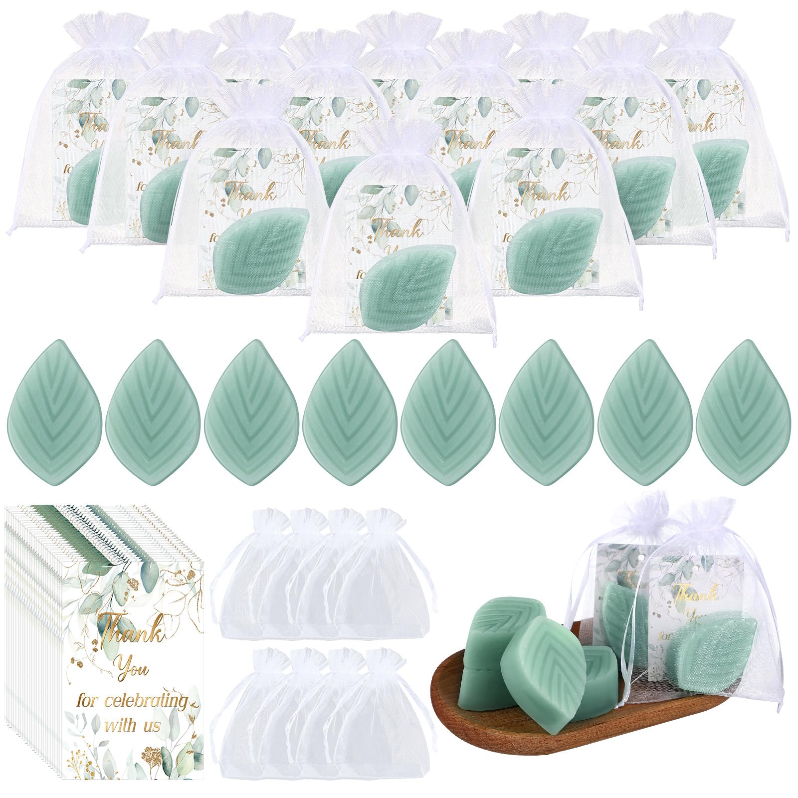 Siifert 50 Sets Wedding Mini Soap Favors Eucalyptus Scented Soap Greenery Bridal Shower Gifts Baby Shower Favors for Guests with Thank You Gift Cards Organza Bags for Christmas Party Supplies Boy Girl