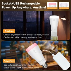 Neporal MAGICPRO Socket & USB Rechargeable Light Bulbs with Remote, 2H Fast Charge, 5-50H Battery Life, 3-Color Shifts & Dimmable, 9W 800LM E26 Battery Light Bulb for Home,Wireless, Emergency Use, 4PK