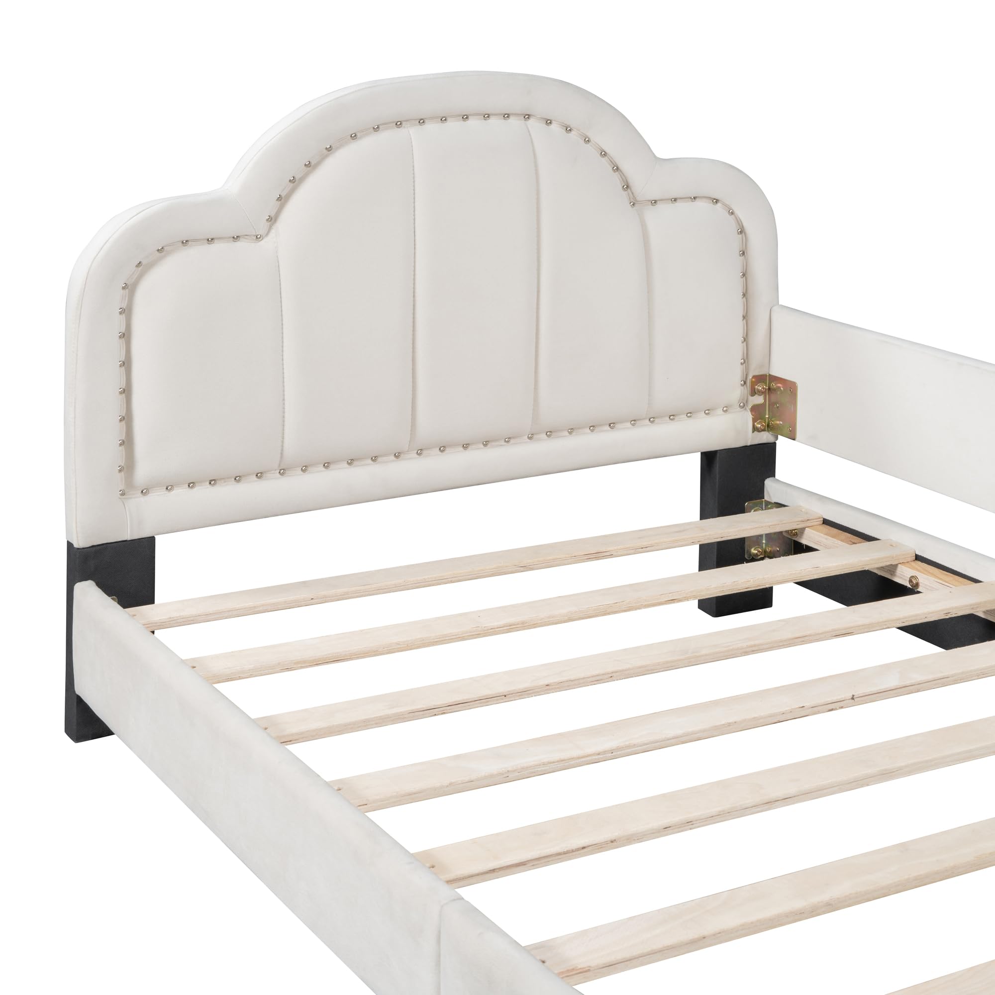 Elegant Twin Size Upholstered Daybed with Cloud Shaped Headboard and Embedded Copper Nail,for Kids Boys Girls Teens Bedroom Use (Beige@Cloud, Twin)