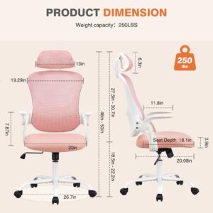 Sweetcrispy Office Computer Desk Chair, Ergonomic High-Back Mesh Rolling Work Chairs with Wheels and Adjustable Headrests, Comfortable Lumbar Support, Comfy Flip-up Arms for Home,Bedroom,Study, Pink