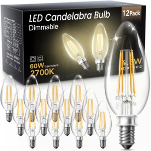 tjoy led candelabra bulbs dimmable, 60w equivalent chandelier light bulbs, 4.5w 2700k warm white, 500lm, e12 base, b11 vintage led filament clear glass candle bulb for ceiling fan, chandeliers,12 pack