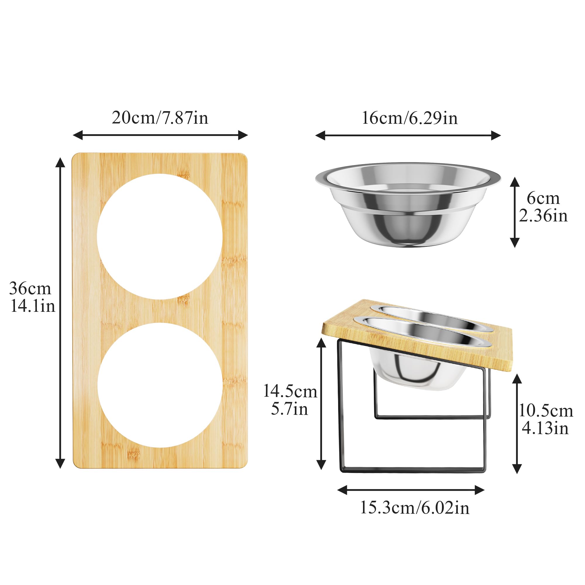 Elevated Cat Bowls Double: 15°Tilted Bamboo Food & Water Feeding Dishes - Large Stainless Steel Feeder Set for Cat & Puppy