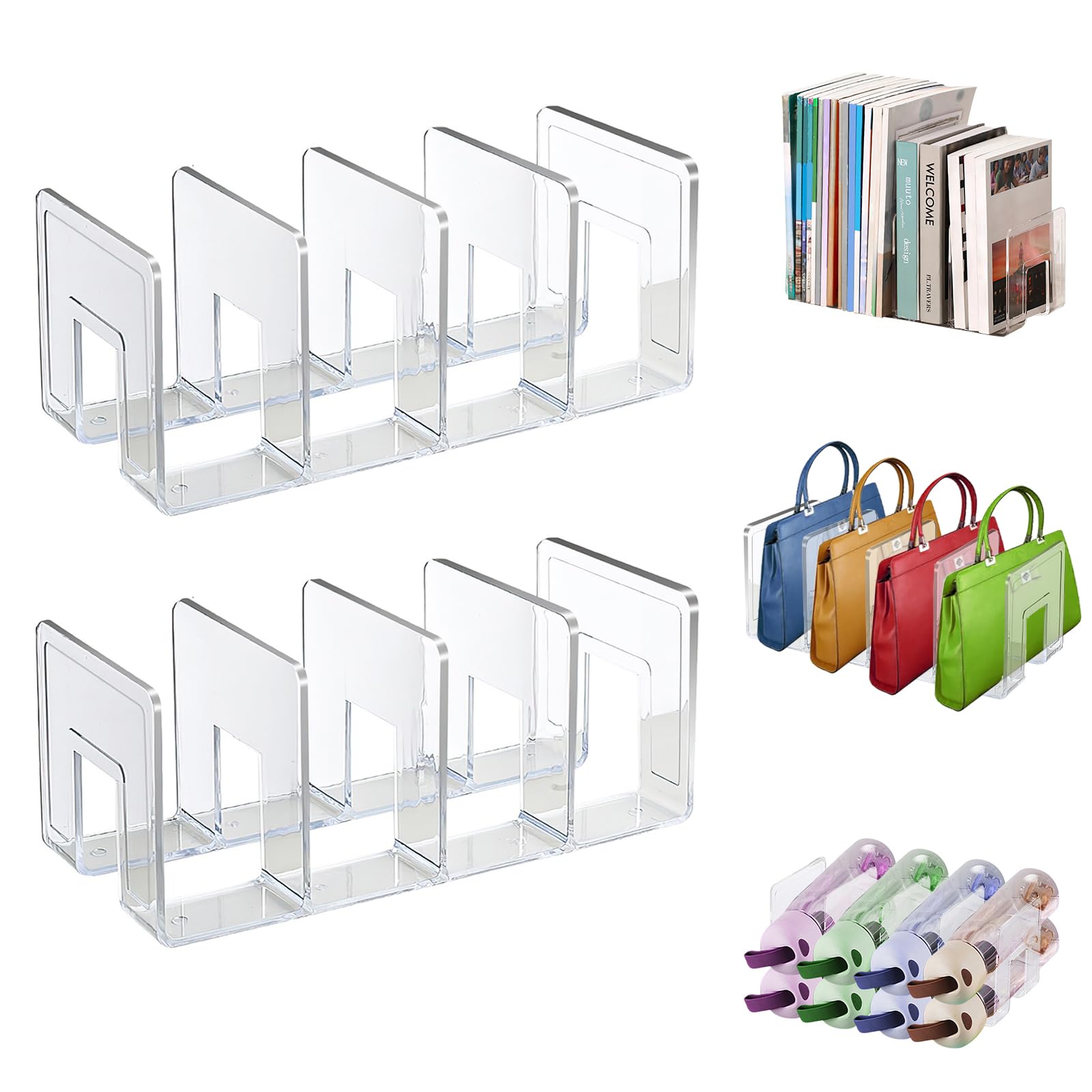 Lemical Clear Acrylic File Sorter 2 Pack Handbag Clutch Purse Organizer Acrylic Shelf Divider Drawer Organizers for Clothes Pouch Notebooks Stand Bookshelf Cooking Utensil (2Pack-4Sections)