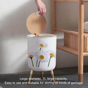 UQK145ZVG Trash Can with Lid Daisies White Press Cover Small Garbage Bin Round with Wooden Legs Waste Basket for Bathroom Kitchen Bedroom 7L/1.8 Gallon, 8.6''x14.3''