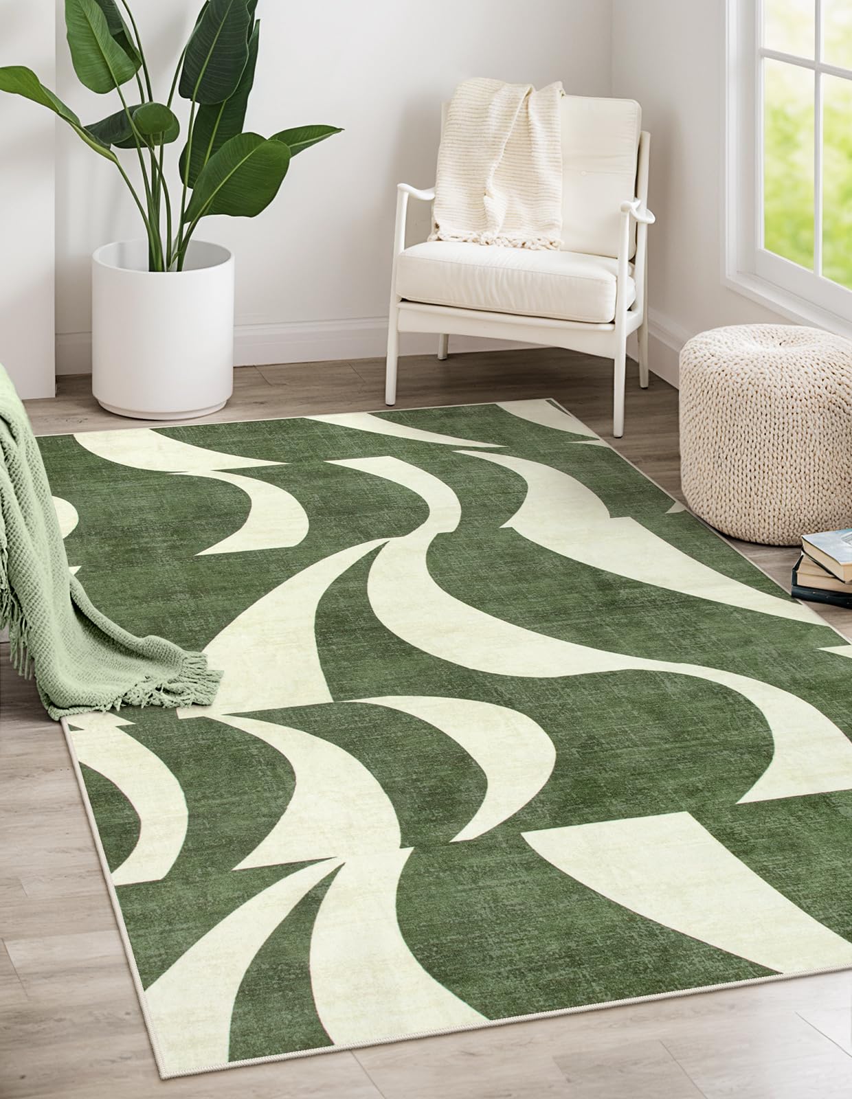 Lahome Abstract 5x7 Rug,Low-Pile Soft Green Rugs for Living Room,Retro Swirl Indoor Floor Carpet Washable for Dining Room Office Bedroom Entryway Non-Slip (5x7ft,Sage Green)