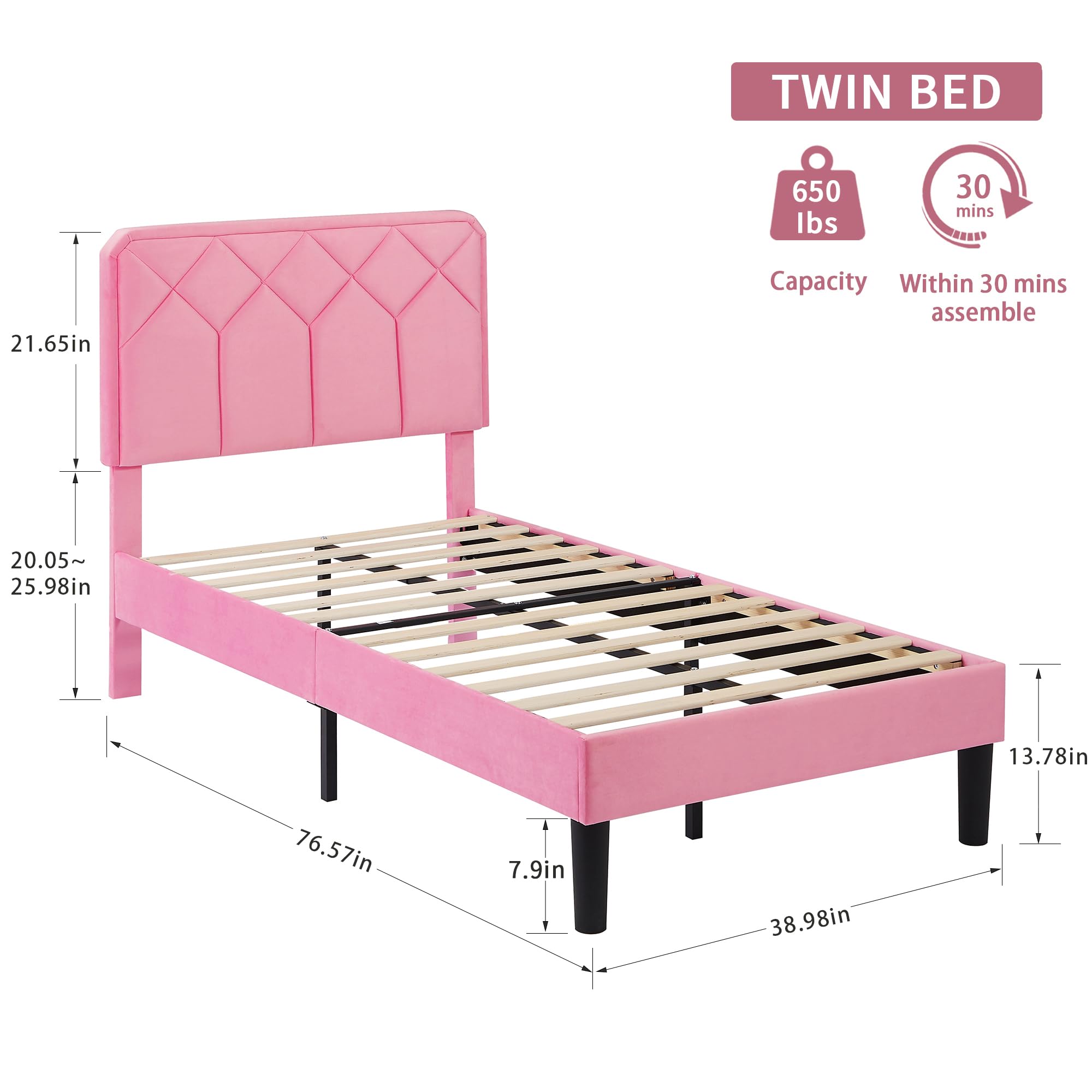 VECELO Twin Size Bed Frame Premium Velvet Upholstered Platform with Height Adjustable Headboard/Mattress Foundation, Solid Wooden Slat Support, No Box Spring Needed/Easy Assembly