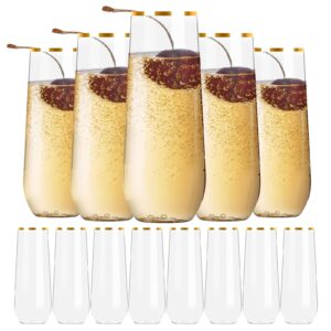 lueumxc 48 pack plastic champagne flutes, 9 oz plastic stemless champagne flutes disposable gold rim clear plastic toasting glasses shatterproof recyclable and bpa-free perfect for wedding