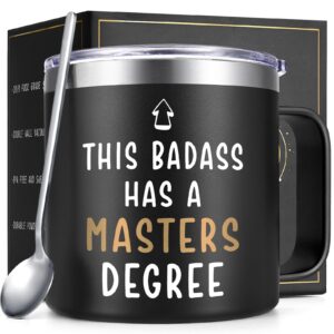 lifecapido graduation gifts, this badass has a masters degree 14oz insulated coffee mug, masters degree graduation gifts for men brother friends, funny graduation gifts for masters graduates, black