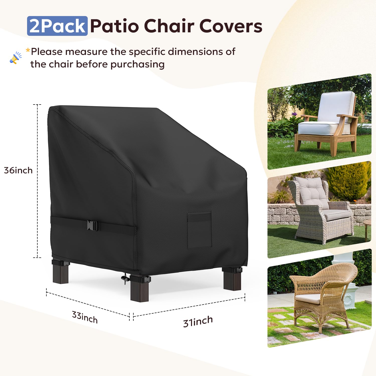 Outdoor Chair Covers For Patio Furniture Waterproof, Gorpche Patio Chairs Covers with Fastener Windproof Buckle Straps, Heavy Duty Lawn Outdoor Furniture Covers fits up to 31 x 33 x 36 inches(2 Pack)