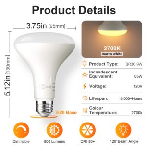 TJOY 12 Pack BR30 Led Bulb 65W Equivalent, Dimmable Flood Light Bulbs Indoor, E26 Base, 2700K Warm White, 9W, 800 LM, Recessed Lighting Bulbs for Ceiling, Recessed Can, Living Room and Kitchen