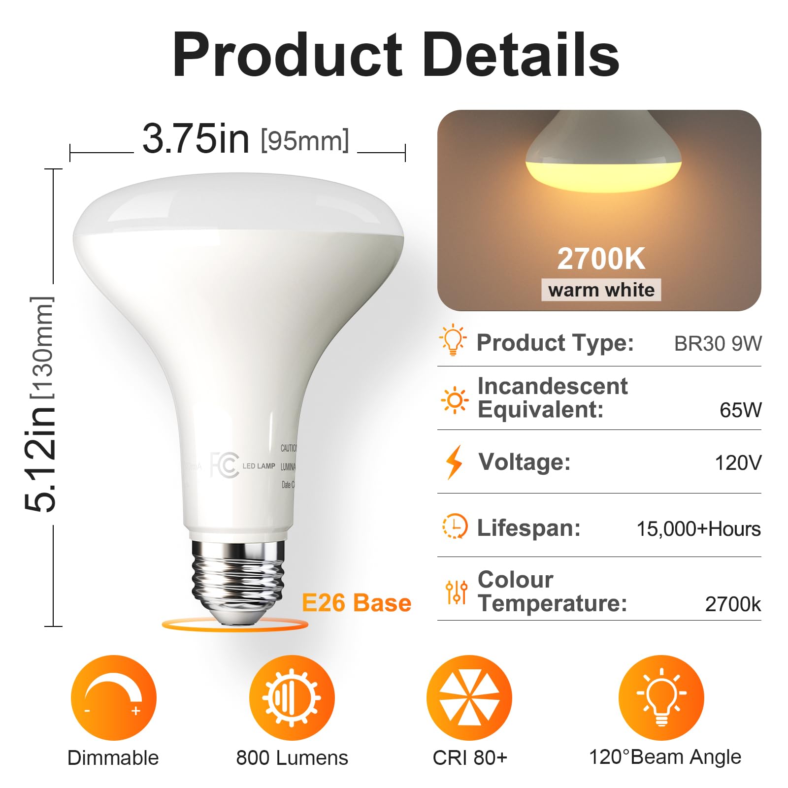 TJOY 12 Pack BR30 Led Bulb 65W Equivalent, Dimmable Flood Light Bulbs Indoor, E26 Base, 2700K Warm White, 9W, 800 LM, Recessed Lighting Bulbs for Ceiling, Recessed Can, Living Room and Kitchen