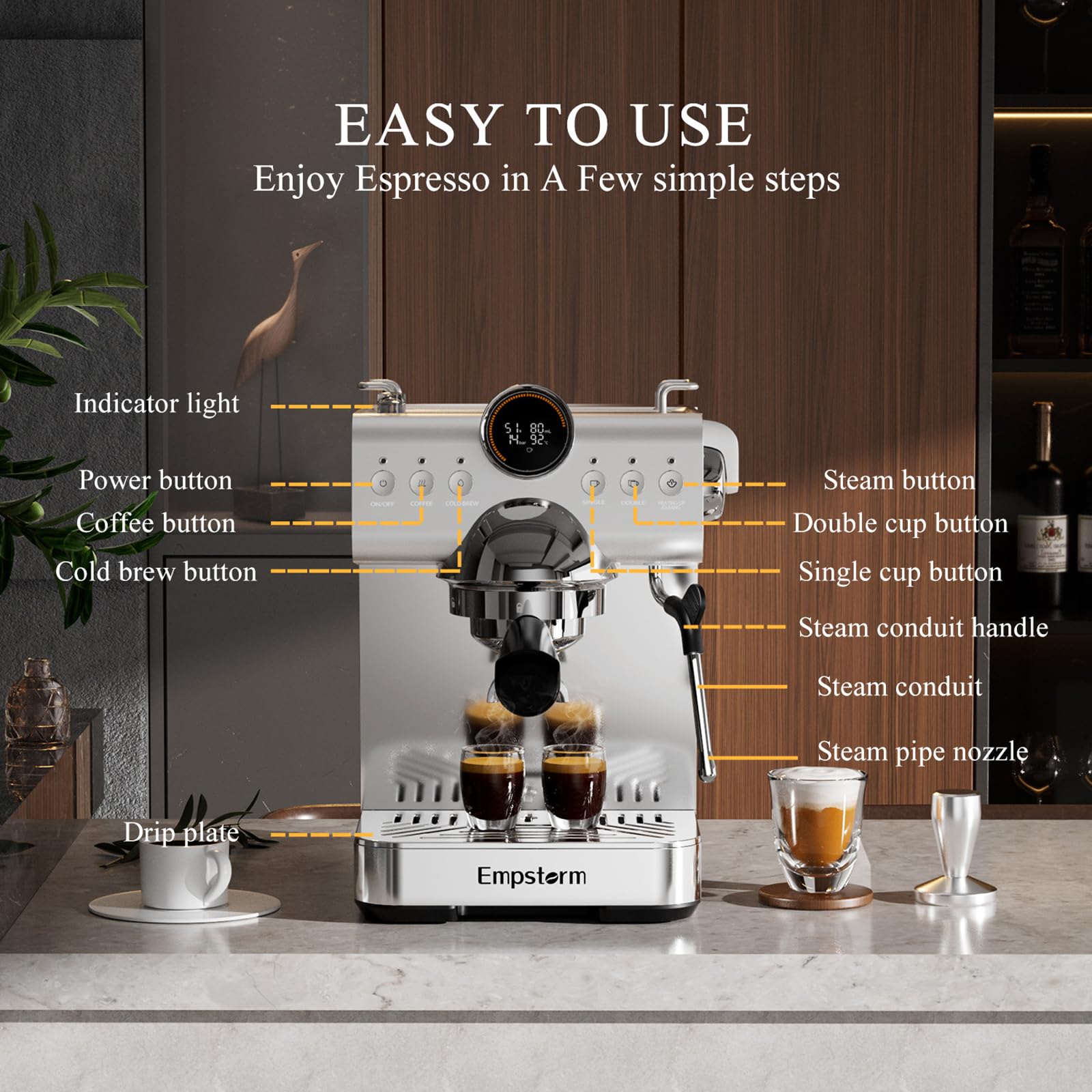 Empstorm 20 Bar Espresso Maker, Espresso Machine with Milk Frother Steam Wand, Compact Espresso Coffee Machine with for Cappuccino, Latte, Fast Heating (EM-CB1-01)