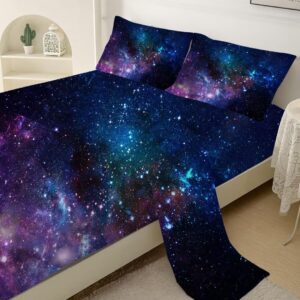 kxry Blue Purple Galaxy Fitted Sheet Sets Queen Size for Boys Kids Teens Outer Space Starry Sky Universe Bedding Set 1 Fitted Sheet + 1 Flat Sheet + 2 Pillow Cases