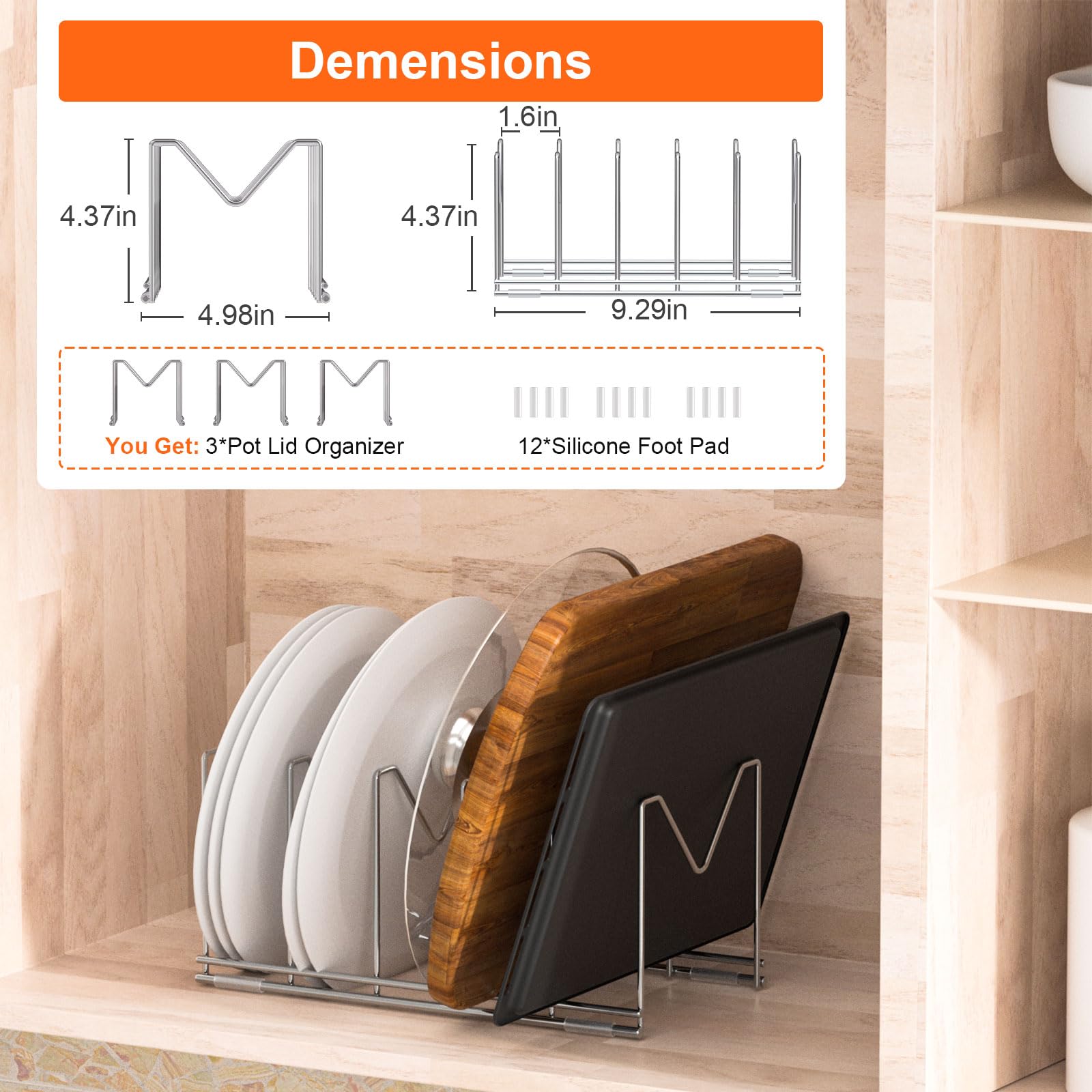 3 Pack Pot Lid Organizer for Cabinet, Stainless Steel Pot Lid Rack with Anti-slip Pad, Lid Holder for Pans Pots, Bakeware, Plates, Cookie Sheets, Trays, Dish, Cutting Boards, Silver