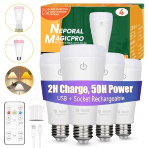 neporal magicpro socket & usb rechargeable light bulbs with remote, 2h fast charge, 5-50h battery life, 3-color shifts & dimmable, 9w 800lm e26 battery light bulb for home,wireless, emergency use, 4pk