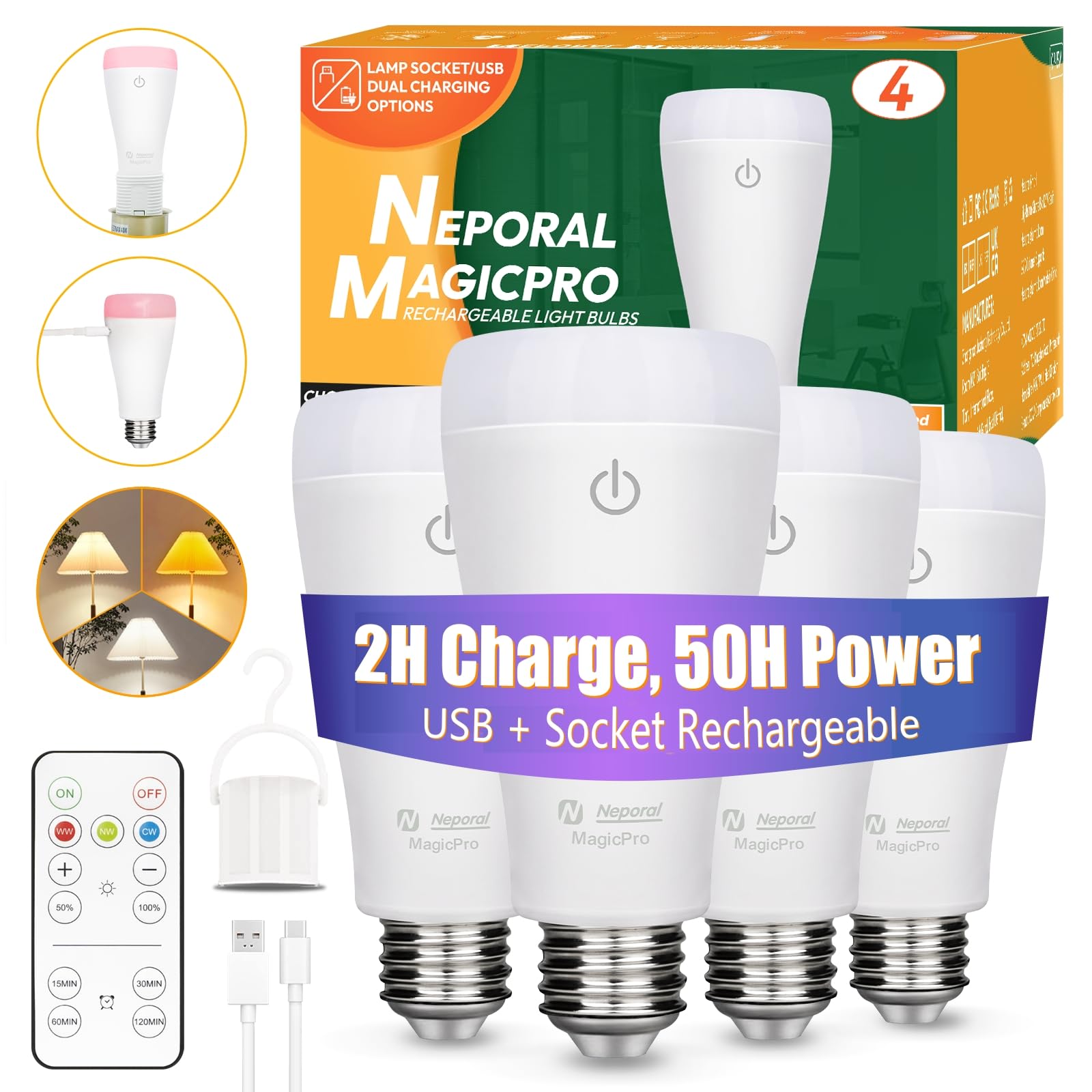 Neporal MAGICPRO Socket & USB Rechargeable Light Bulbs with Remote, 2H Fast Charge, 5-50H Battery Life, 3-Color Shifts & Dimmable, 9W 800LM E26 Battery Light Bulb for Home,Wireless, Emergency Use, 4PK