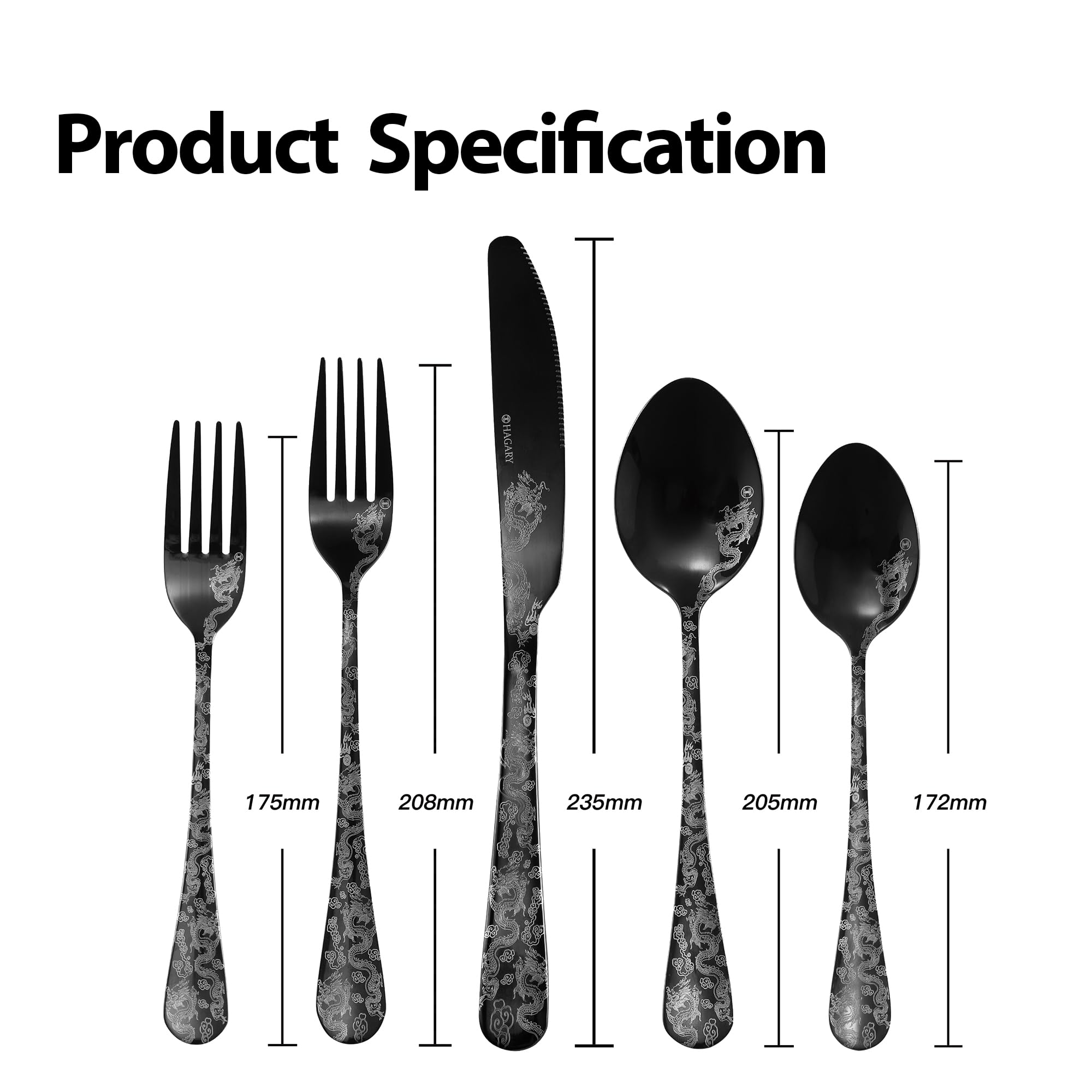 Hagary Dragon Cutlery Set 20 Pieces Stainless Steel Flatware Set Service for 4 Utensils For Home Kitchen Wedding Laser Engraved Dishwasher Safe Black