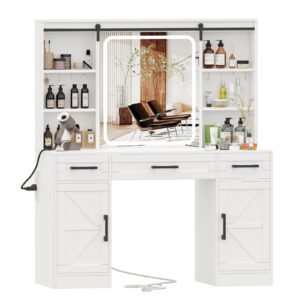 Irontar Farmhouse Makeup Vanity Desk with Sliding Mirror & Charging Station, Vanity Table with Lights & Hidden Storage Shelves, Makeup Desk with 3 Drawers and 2 Cabinets, White WDT009W