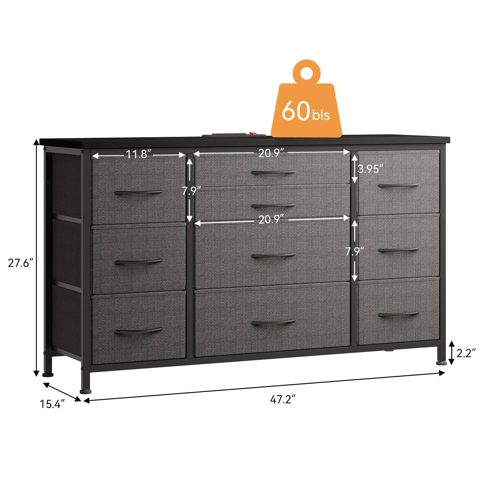 GAOMON Wide Dresser with 10 Large Drawers for 55'' Long TV Stand with Power Outlet Entertainment Center, Storage Fabric Drawer Unit for Bedroom, Living Room, Closet, Entryway, Sturdy Metal Frame