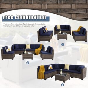 LOUVIXA 7 Pcs Outdoor Patio Furniture Set, Outdoor Sectional Furniture, Rattan Chairs Glass Table Wicker Conversation Seating Sectional Sofa with Cushions Multicolor (Navy/Brown-BackA, 7 Piece)