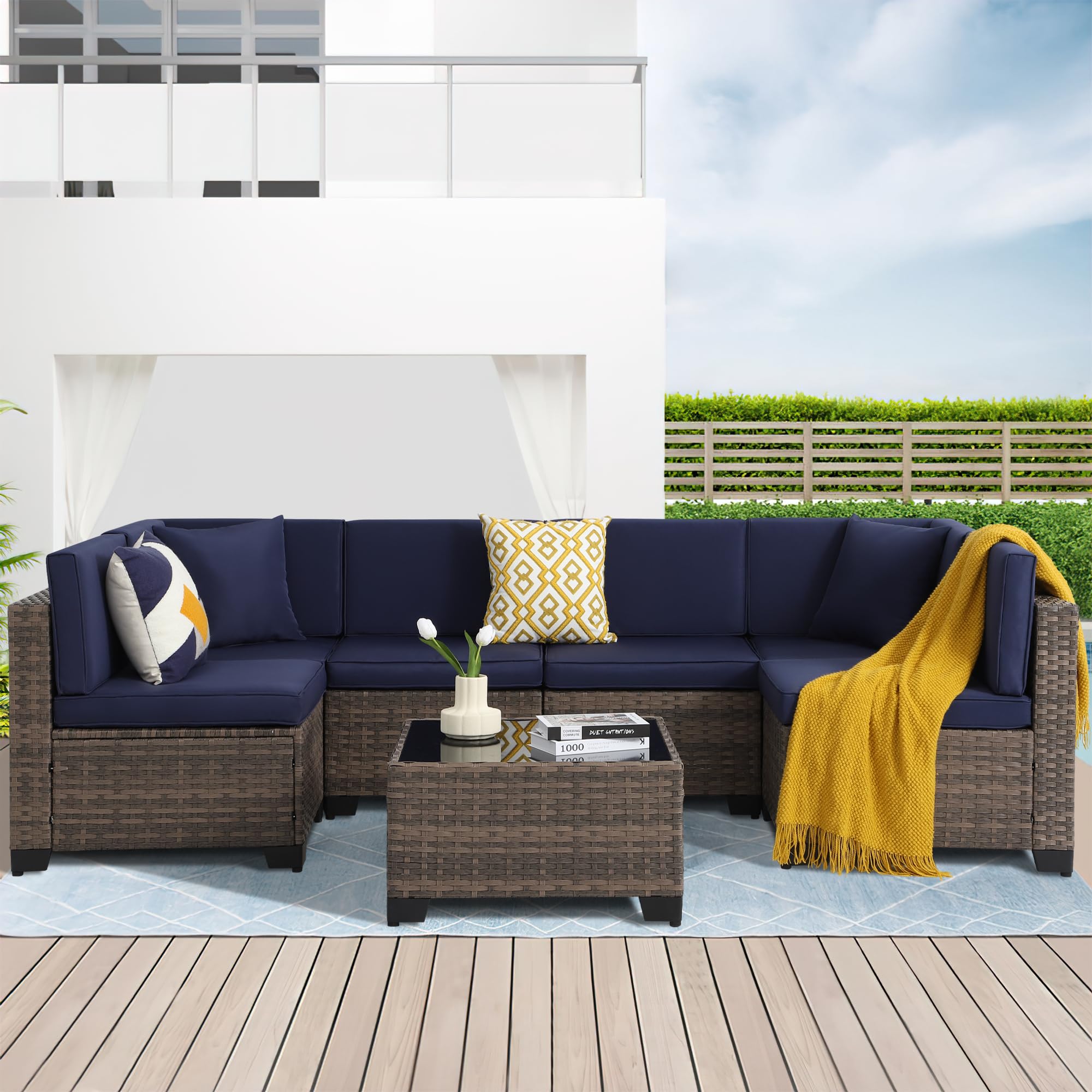 LOUVIXA 7 Pcs Outdoor Patio Furniture Set, Outdoor Sectional Furniture, Rattan Chairs Glass Table Wicker Conversation Seating Sectional Sofa with Cushions Multicolor (Navy/Brown-BackA, 7 Piece)