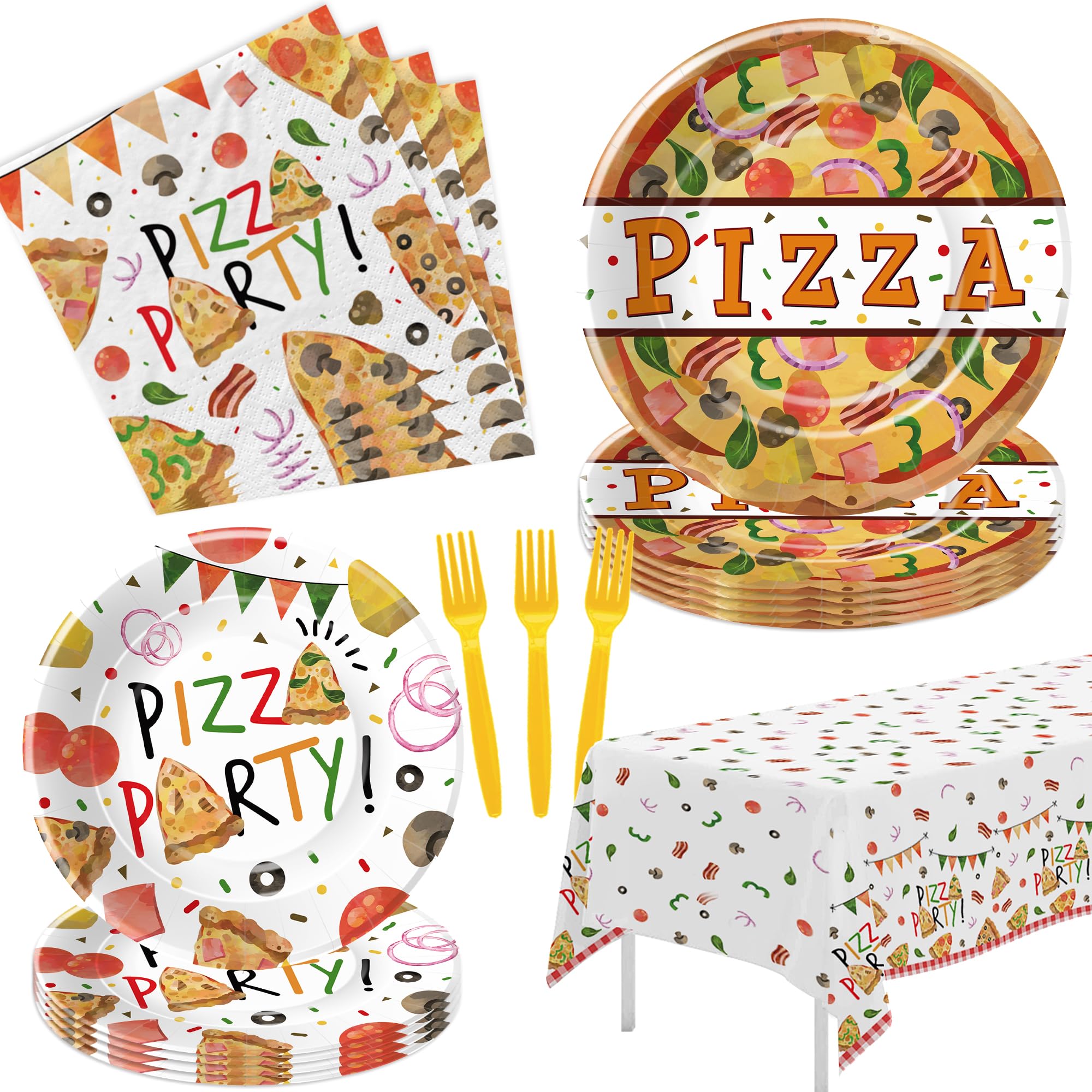 YJRJSC Pizza Birthday Party Supplies, Pizza Party Decorations Dinnerware, Paper Dinner Plate, Dessert Plate, Cup, Napkin, Disposable Fork, Pizza Theme Baby Shower Table Decorations Tableware, Serve 24