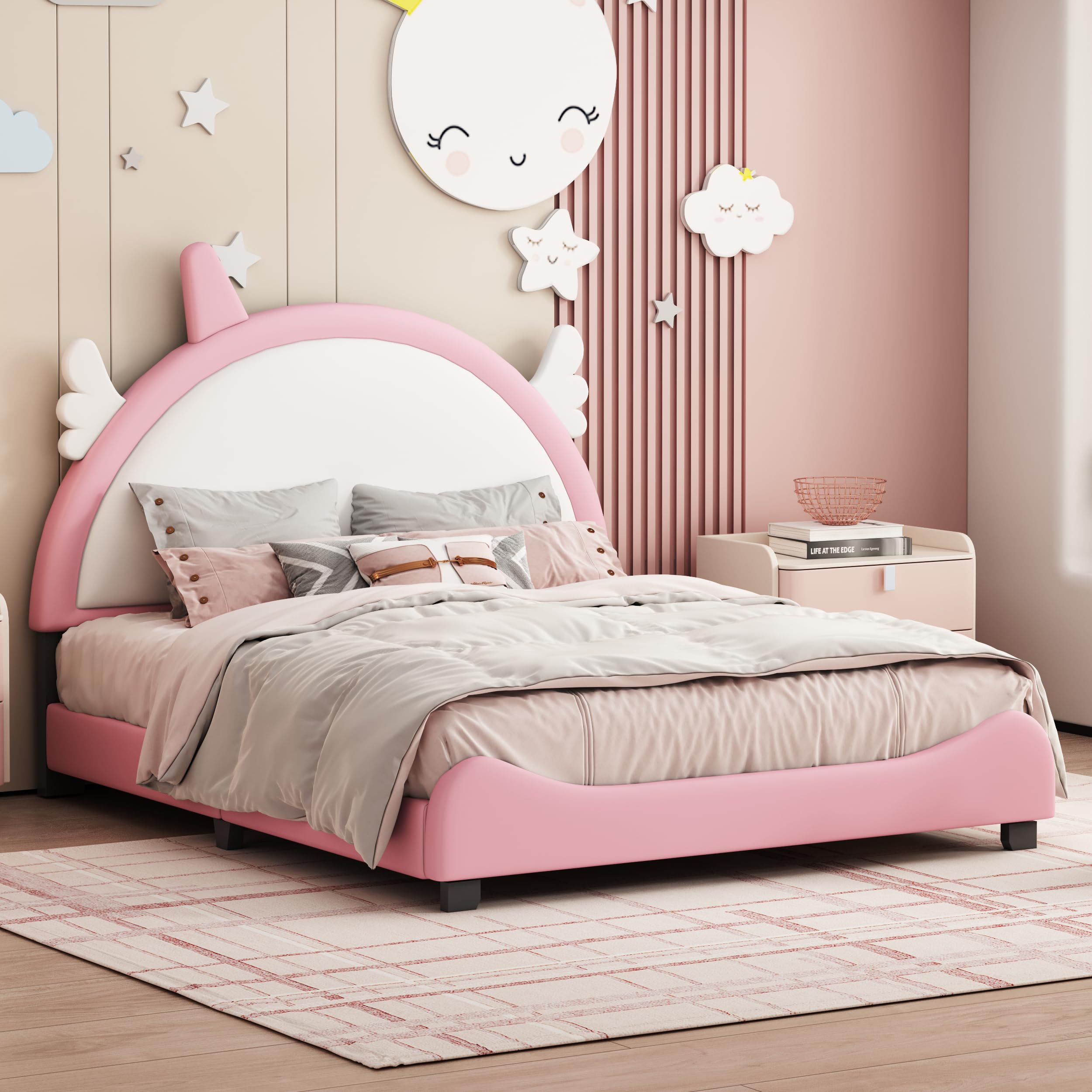 Bellemave Full Size Princess Bed Frame with Unicorn Shape Headboard,PU Upholstered Princess Full Bed for Girls,Kids Full Platform Bed(Full,Pink)