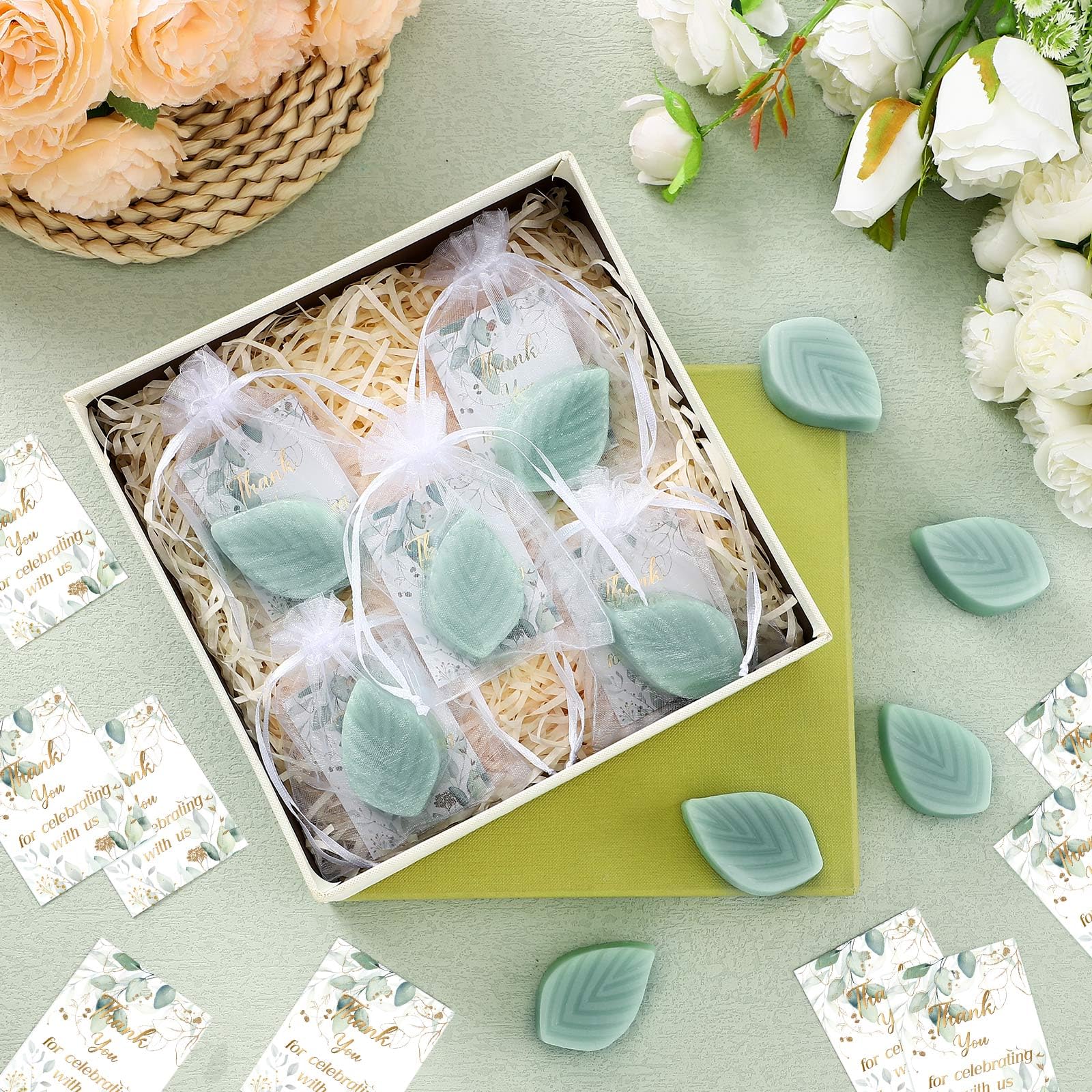 Siifert 50 Sets Wedding Mini Soap Favors Eucalyptus Scented Soap Greenery Bridal Shower Gifts Baby Shower Favors for Guests with Thank You Gift Cards Organza Bags for Christmas Party Supplies Boy Girl