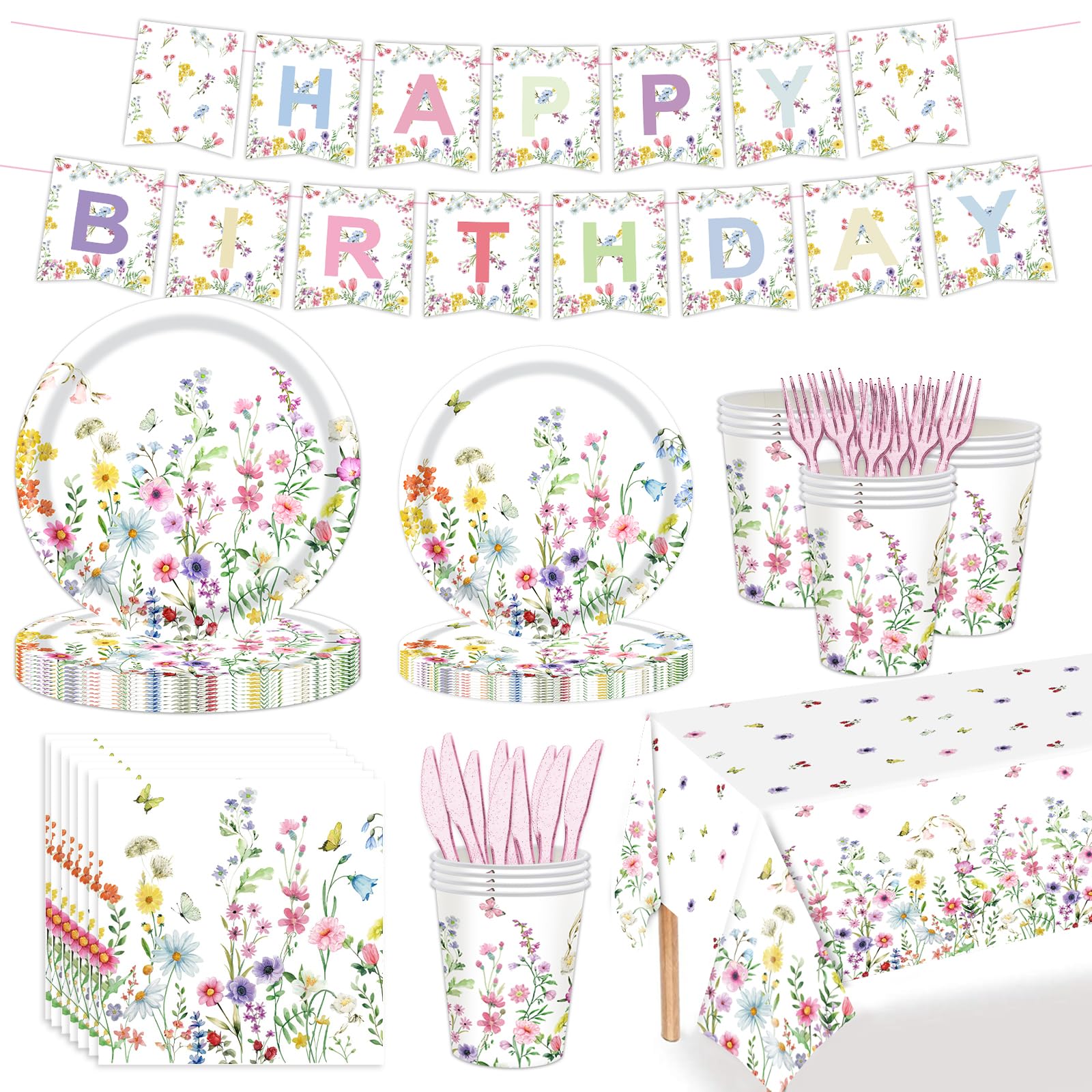 122PCS Wildflower Baby Shower Party Supplies for Girls First Birthday Spring Floral Wedding Party Decorations Disposable Plates Napkin Cups Tablecloth Banner Tableware Set for 20 Guests