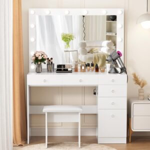 VOWNER Vanity with Lights - 43" Makeup Vanity Desk with Power Outlet, 5 Drawers and 1 Cabinet, 3 Color Lighting Modes with Adjustable Brightness,Makeup Desk with Stool for Women Girls, White