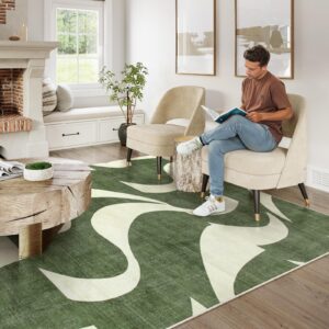 Lahome Abstract 5x7 Rug,Low-Pile Soft Green Rugs for Living Room,Retro Swirl Indoor Floor Carpet Washable for Dining Room Office Bedroom Entryway Non-Slip (5x7ft,Sage Green)