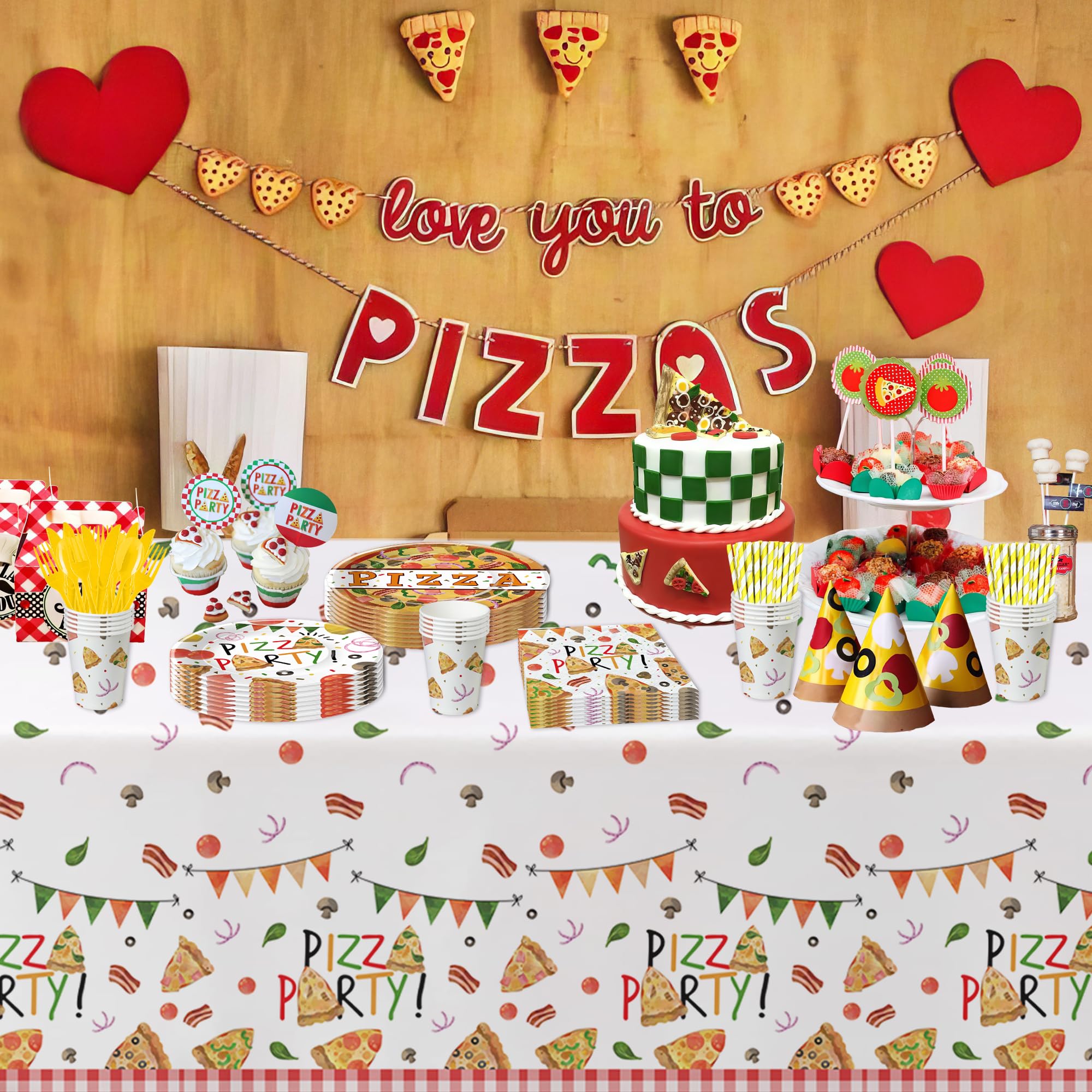 YJRJSC Pizza Birthday Party Supplies, Pizza Party Decorations Dinnerware, Paper Dinner Plate, Dessert Plate, Cup, Napkin, Disposable Fork, Pizza Theme Baby Shower Table Decorations Tableware, Serve 24