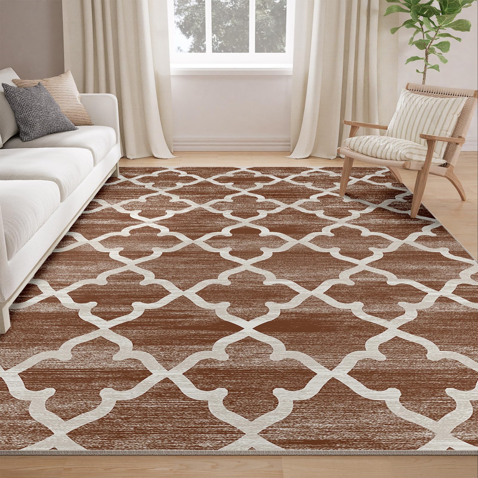 RELEANY 8x10 Area Rugs for Living Room Machine Washable Non-Slip Brown Rugs Moroccan Modern Trellis Carpet for Dining Room Bedroom Kitchen Indoor Entryway Laundry Room