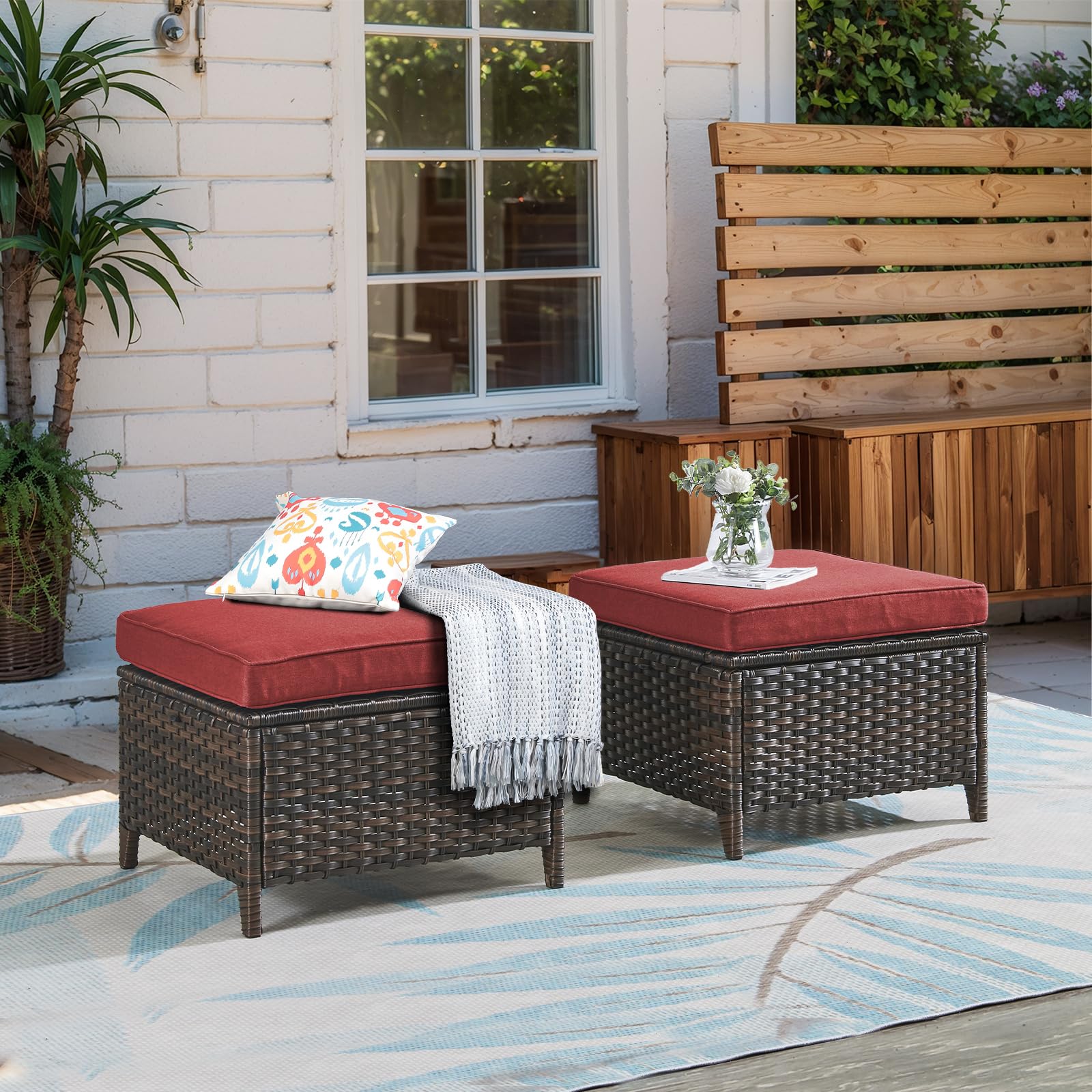 Outdoor Ottoman Set of 2 - PE Wicker Rattan Ottoman Patio Footstool for Deck Porch Balcony Garden - Brown/Red