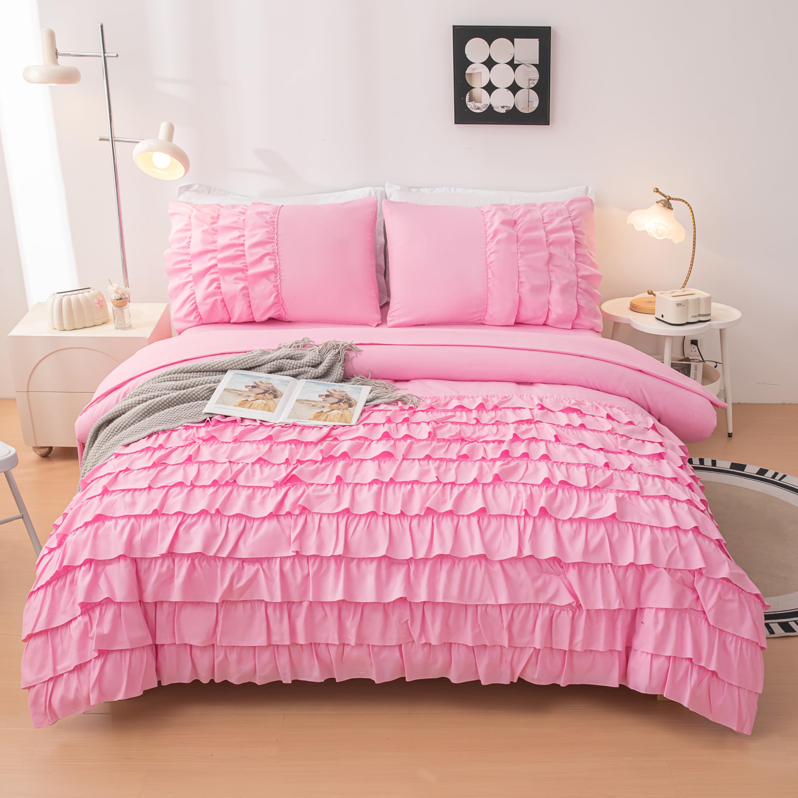 Yadangxiawa Teen Girls Pink Princess Dress Comforter Set Queen Size, 5 Pcs Bed in a Bag Girls Queen, Girls Pink Ruffled Bedding Set, Teen Bedding Sets for Girls Kids with Sheets