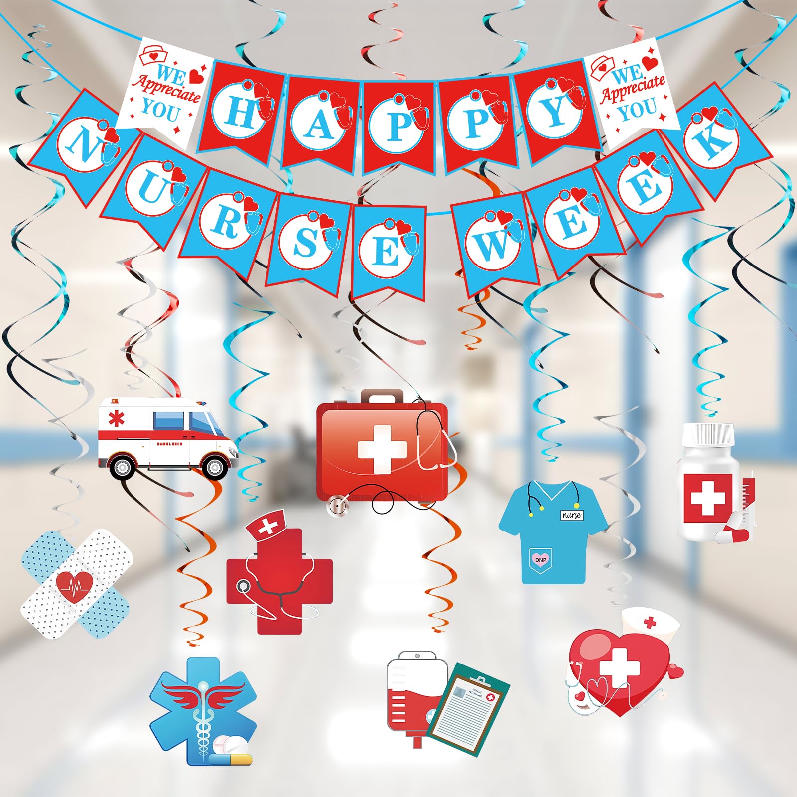 DMIGHT Nurses Week Decorations Set Include Thank You Nurses Porch Banners, Happy Nurses Week Banners, Hanging Swirls, Foil Balloons for Medical Party, RN Themed Party, Doctor Nursing Event Celebration