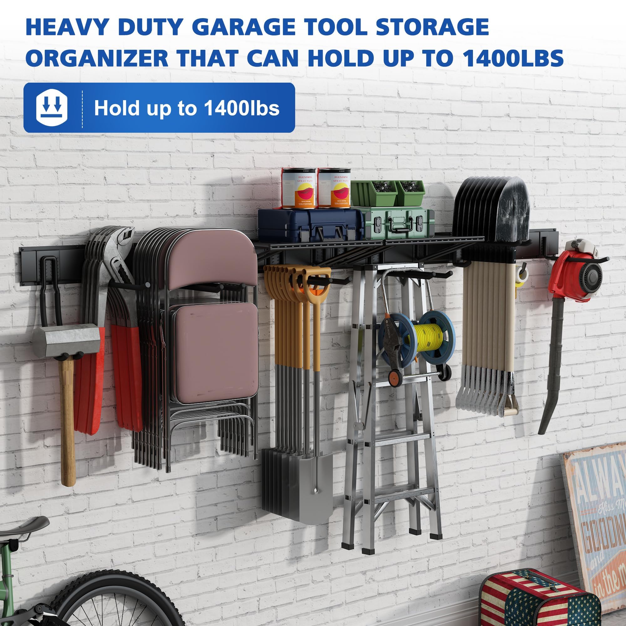 Bezuny Heavy Duty Garage Garden Tool Organizer - 95" Wall Mounted Storage Rack with 2 Shelves, 12 Removable Hooks, Holds Up to 1400 lbs - Perfect Yard Tool Storage Solution