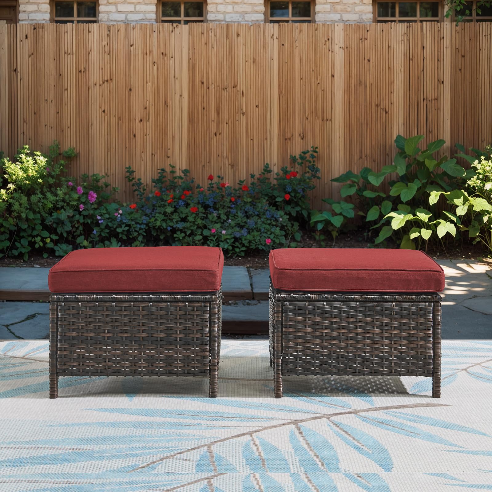 Outdoor Ottoman Set of 2 - PE Wicker Rattan Ottoman Patio Footstool for Deck Porch Balcony Garden - Brown/Red