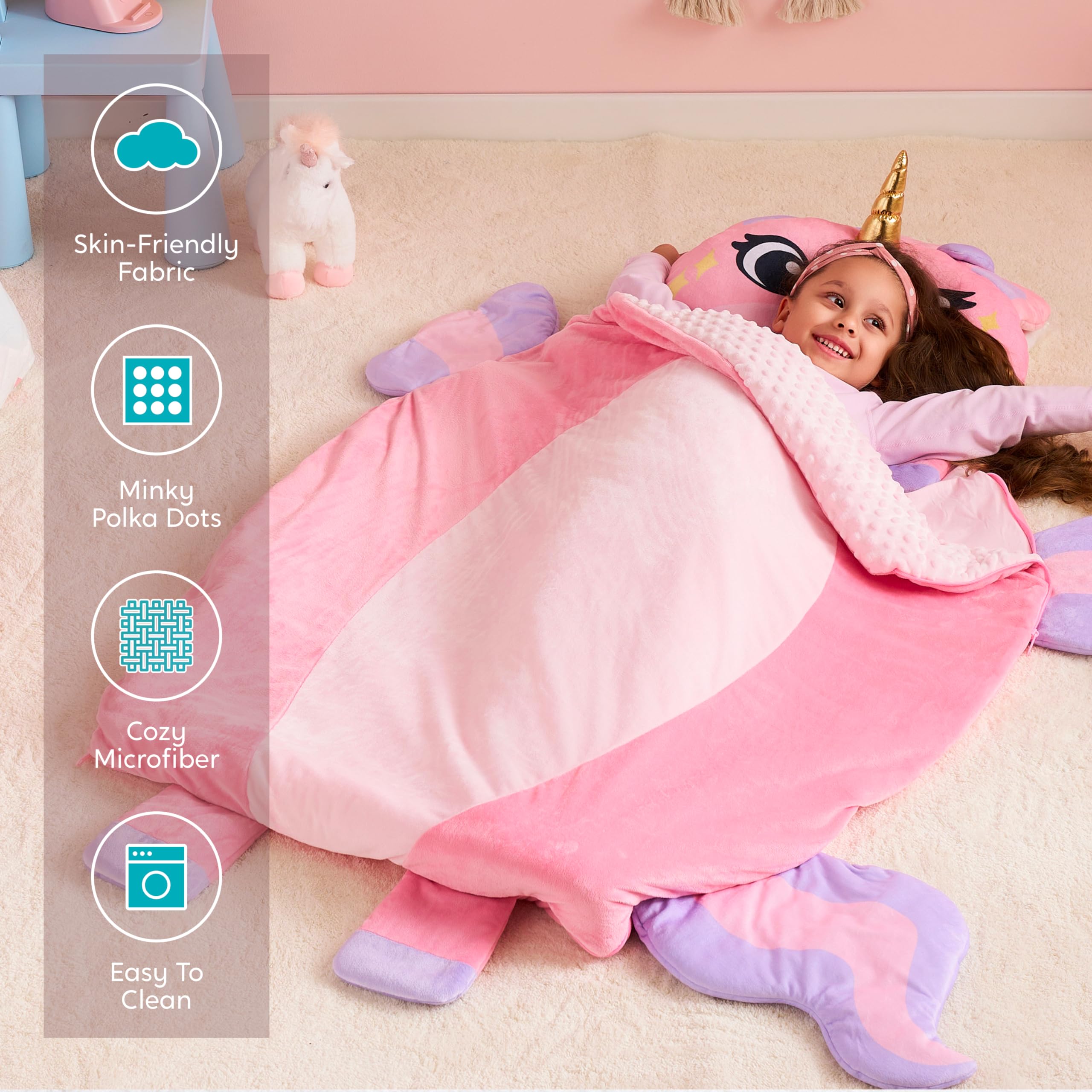 JOIEDOMI Toddler Nap Mat with Pillow & Blanket - 60" x 39" for Kids Ages 3+ - Nap Mat for Preschool - Kids Sleeping Bag Unicorn - Soft Plush Sleeping Mat - for Boys Girls Kindergarten Daycare