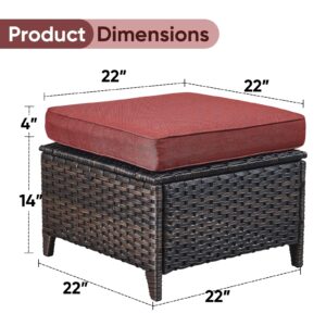 Outdoor Ottoman Set of 2 - PE Wicker Rattan Ottoman Patio Footstool for Deck Porch Balcony Garden - Brown/Red