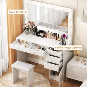 VOWNER Vanity with Lights - 43" Makeup Vanity Desk with Power Outlet, 5 Drawers and 1 Cabinet, 3 Color Lighting Modes with Adjustable Brightness,Makeup Desk with Stool for Women Girls, White