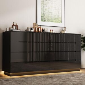 FAMAPY High Gloss Dresser with Lights, Modern Glossy Dresser with Curved Edge, Chest of Drawers 8 Drawer Dresser, Contemporary Dresser for Bedroom Black (63”W x 15.7”D x 30.9”H)