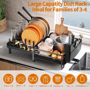 Urackify Extendable Dish Drying Rack for Kitchen Counter, Expandable Dish Rack with Plates, Glasses, Mugs, Drainboard, Pans & Pots Holder, Multifunctional Dish Dryer Drainer with 360° Swivel Spout