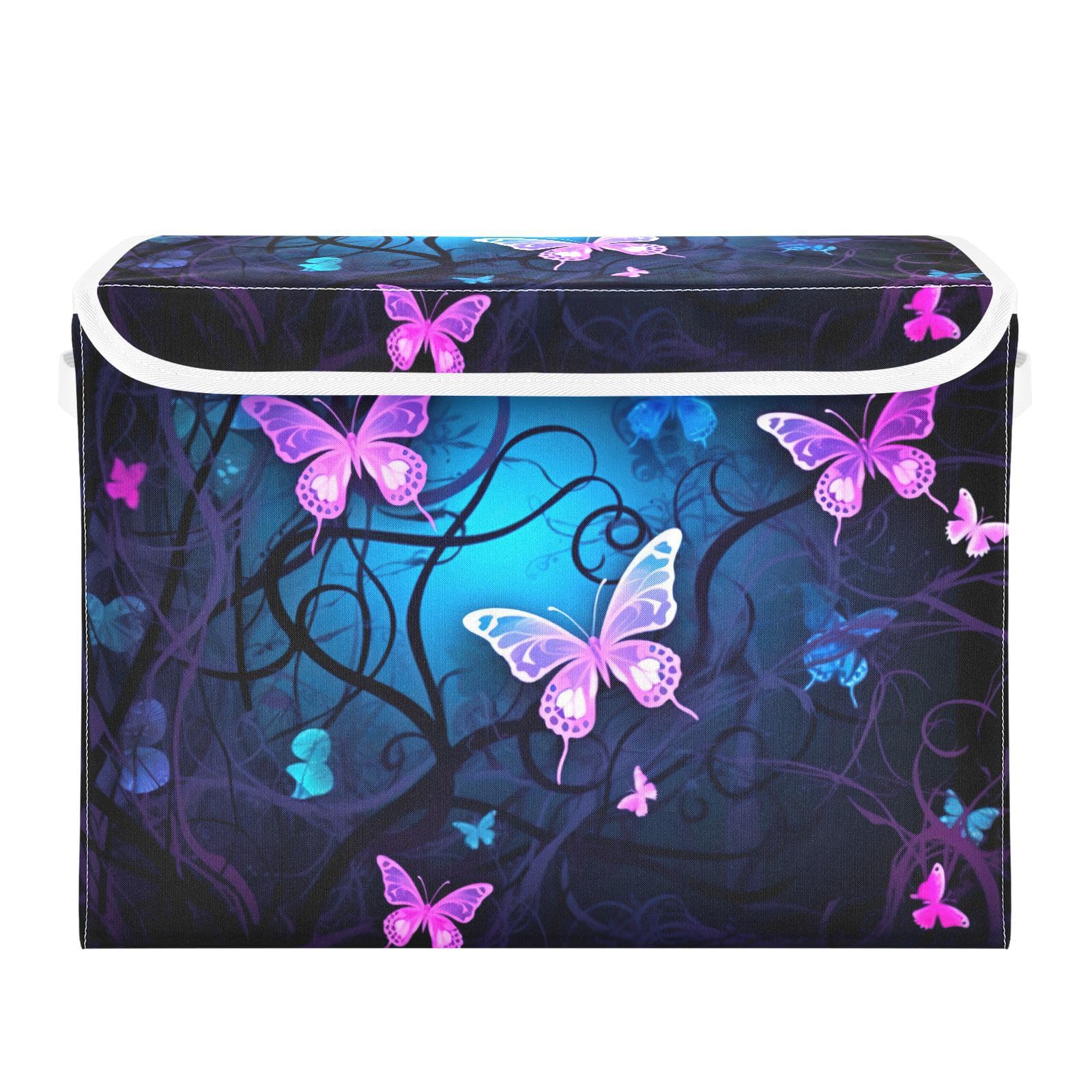 YETTASBIN Purple Blue Butterfly Storage Basket with Lid and Handles, Large Collapsible Fabric Storage Bins Durable Storage Organizer for Shelves, Closet, Bedroom, School, Office, Home Decor