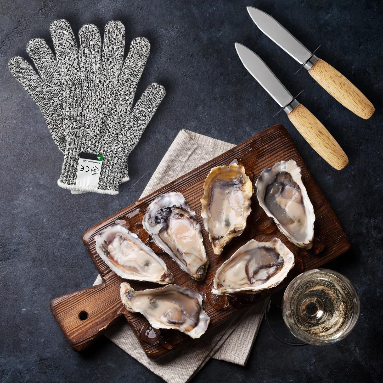 6pcs Oyster Shucking Knife Gloves Set,2pcs Stainless Steel Oyster Knives with Wooden Handle,2 Pairs Level 5 Cut Resistant Protection Gloves M&L,Knife Shucker for Seafood Oysters Clam Shell Shucking