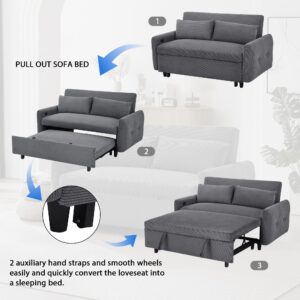 Modern Convertible Pull-out Sofa Bed with Adjustable Backrest, 2 Seat Loveseat Sofa Couch, Corduroy Fabric Sleeper Sofa with 2 Throw Pillows and USB Ports for Living Room Office (DARK GREY-2)