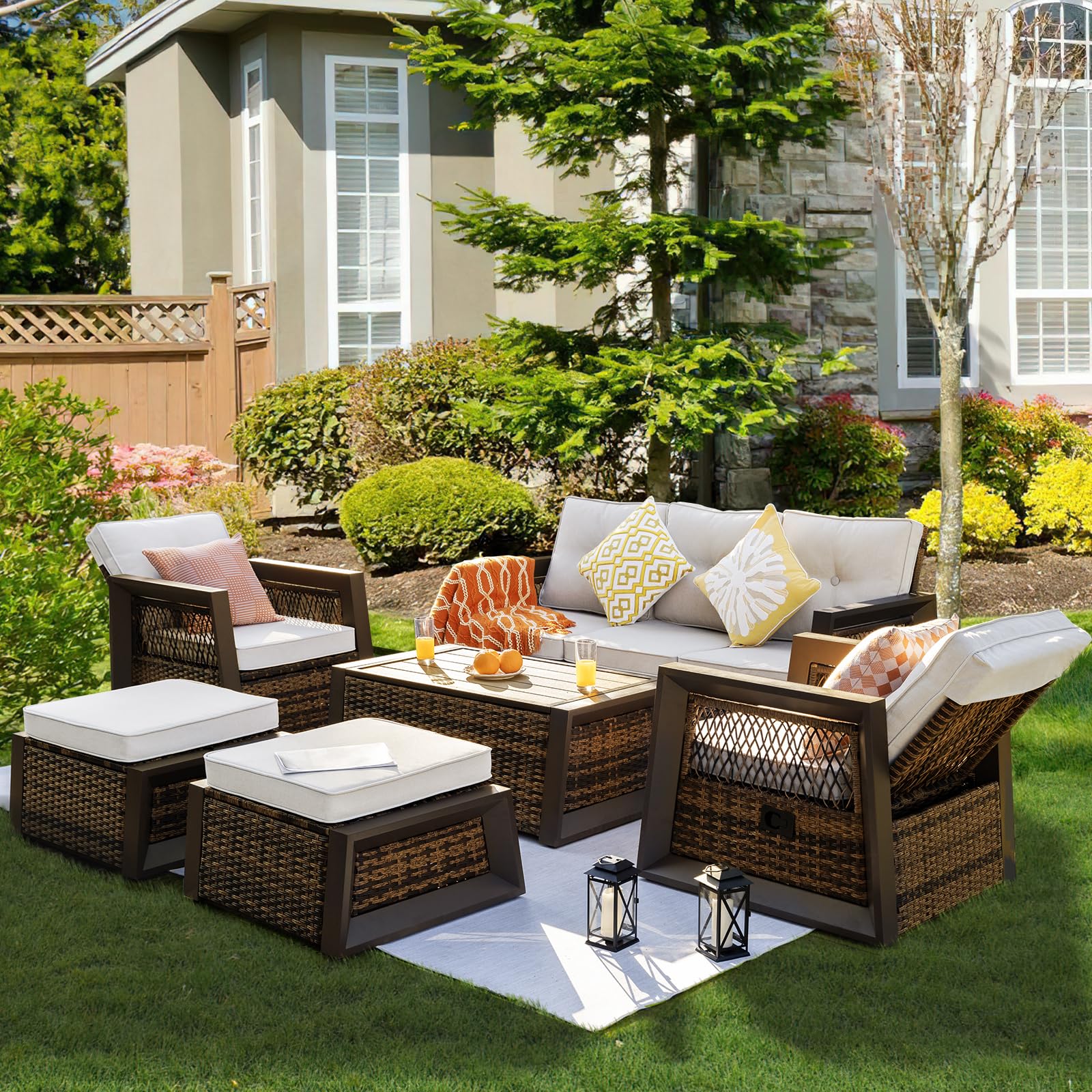 6 Pcs Outdoor Furniture Set, Patio Furniture with Aluminum Frame, Wicker Recliner Chairs with Ottomans, Modern Outdoor Conversation Set Sectional Sofa, Rattan Patio Set with Storage Table (Brown)