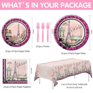 YJRJSC Eiffel Tower Paris Party Decorations Girl - Paris Theme Party Tableware, Paper Plate, Napkin, Tablecloth, Disposable Fork, Paris Birthday Baby Shower Bridal Weddings Party Supplies | Serves 24