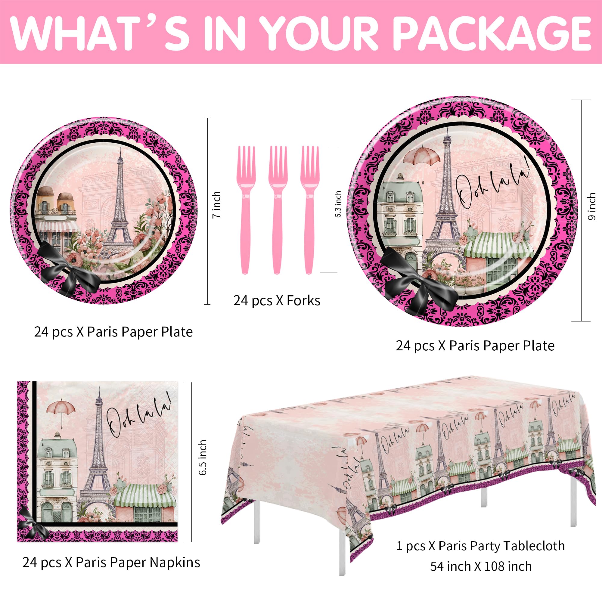 YJRJSC Eiffel Tower Paris Party Decorations Girl - Paris Theme Party Tableware, Paper Plate, Napkin, Tablecloth, Disposable Fork, Paris Birthday Baby Shower Bridal Weddings Party Supplies | Serves 24