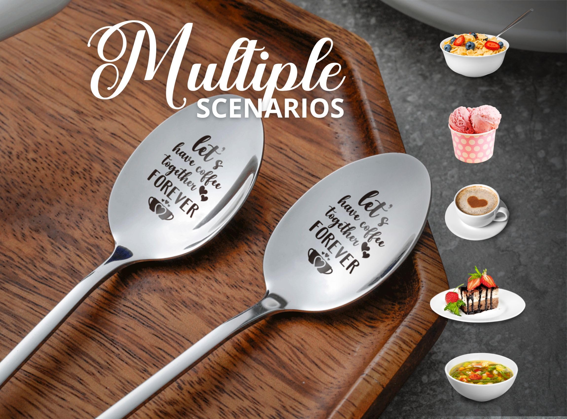 Coffee Spoons for Couples, 2 Pcs Stainless Steel Engraved Coffee Spoons, Coffee Lovers Gifts, Gift Ready Package, Let's Have Coffee Together Forever